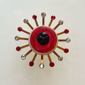 Upcycled Atomic Starburst Refrigerator Magnet Buttons Rhinestones Red